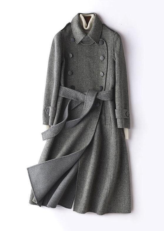 Simple Gray Striped Long Woolen Coatstutorials Lapel Tie Waist Outwears