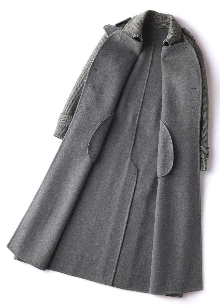 Simple Gray Striped Long Woolen Coatstutorials Lapel Tie Waist Outwears
