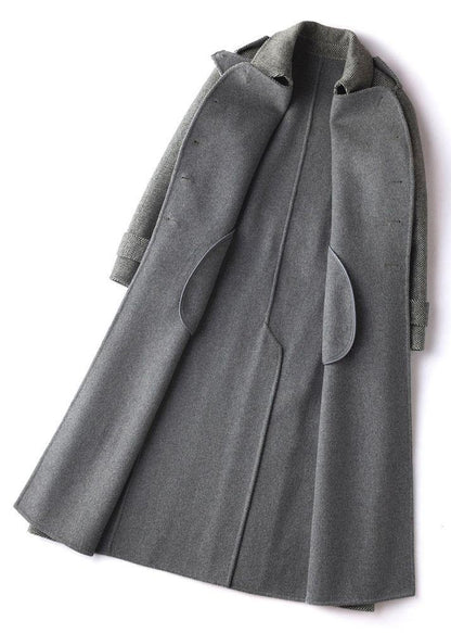 Simple Gray Striped Long Woolen Coatstutorials Lapel Tie Waist Outwears