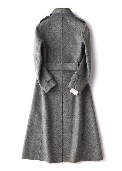 Simple Gray Striped Long Woolen Coatstutorials Lapel Tie Waist Outwears