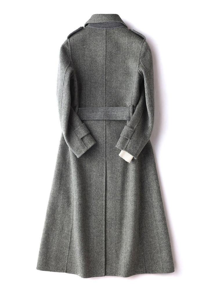 Simple Gray Striped Long Woolen Coatstutorials Lapel Tie Waist Outwears