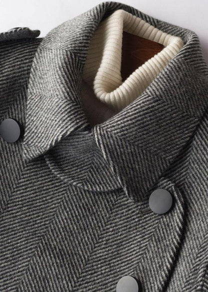 Simple Gray Striped Long Woolen Coatstutorials Lapel Tie Waist Outwears