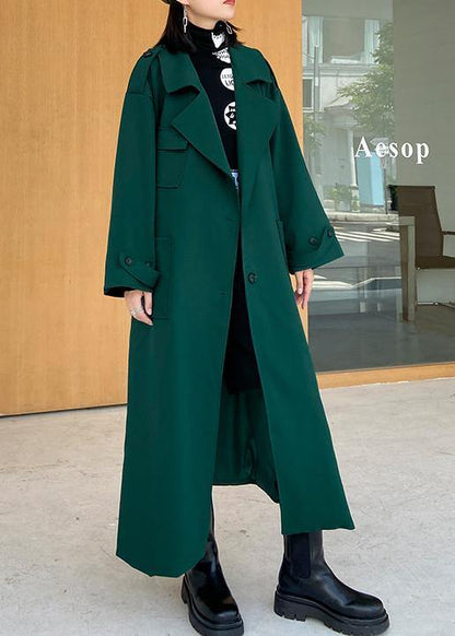 Simple Green Fine Tunics for Wardrobes Notched Tie Waist Fall Coats
