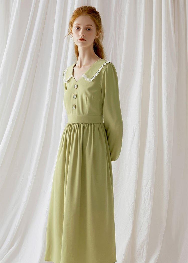 Simple Green Blended Wardrobes Peter Pan Collar Dresses Fall Dress