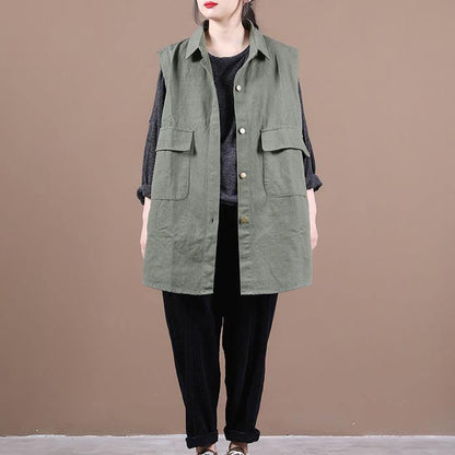 Simple Green Clothes for Lapel Sleeeless Box Fall Top