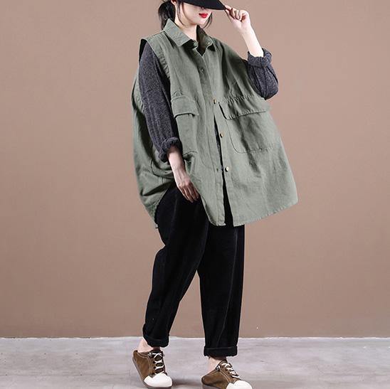 Simple Green Clothes for Lapel Sleeeless Box Fall Top