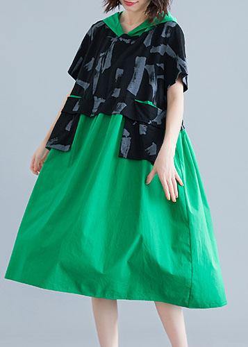 Simple Green Hooded Cotton Clothes Patchwork Art Summer Dresses