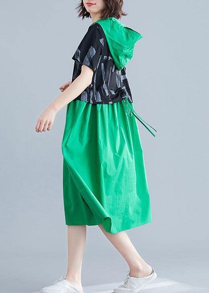 Simple Green Hooded Cotton Clothes Patchwork Art Summer Dresses