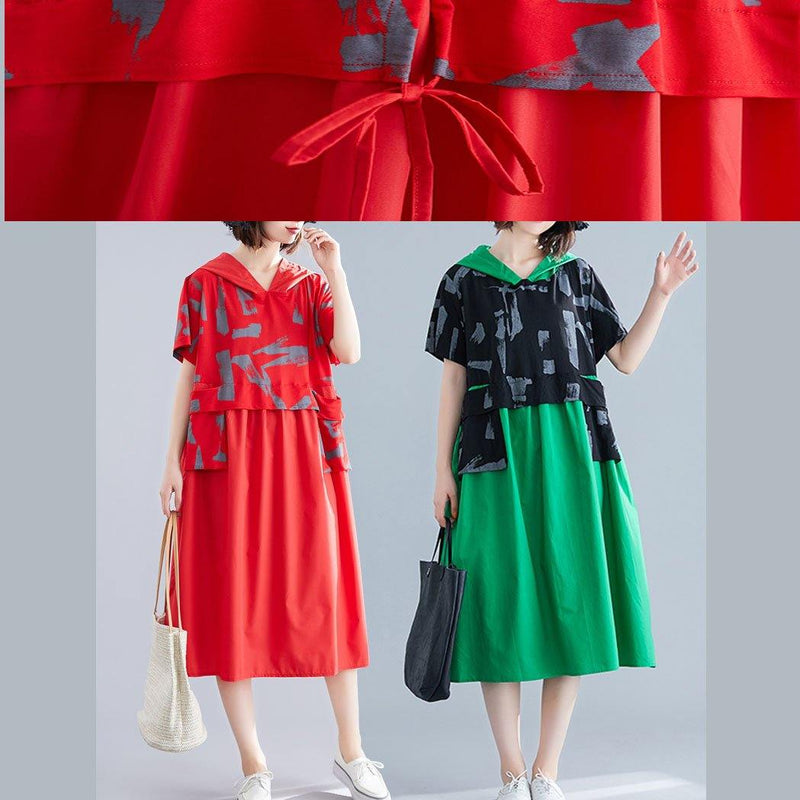 Simple Green Hooded Cotton Clothes Patchwork Art Summer Dresses