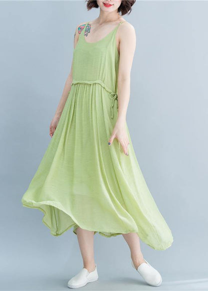 Simple Green Linen Dresses Spaghetti Strap Drawstring Loose Summer Dresses