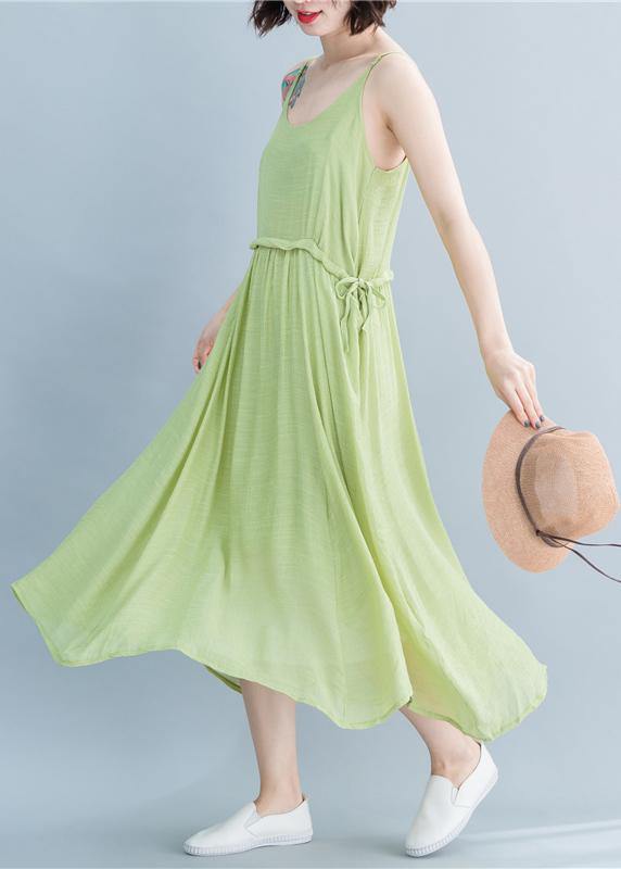 Simple Green Linen Dresses Spaghetti Strap Drawstring Loose Summer Dresses