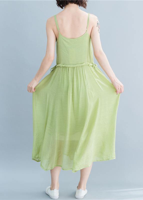 Simple Green Linen Dresses Spaghetti Strap Drawstring Loose Summer Dresses