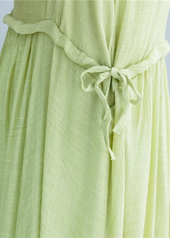 Simple Green Linen Dresses Spaghetti Strap Drawstring Loose Summer Dresses