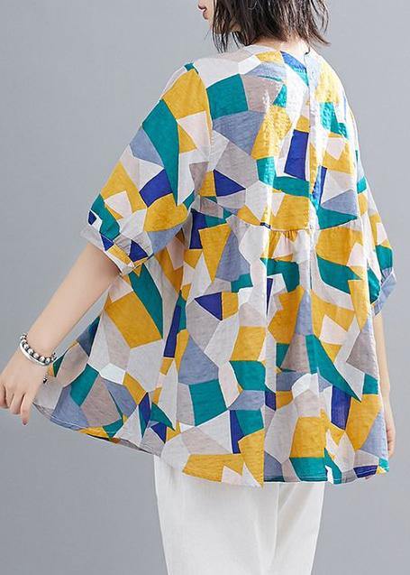 Simple Green Print Linen Clothes for Shape O Neck Lantern Sleeve Summer Top