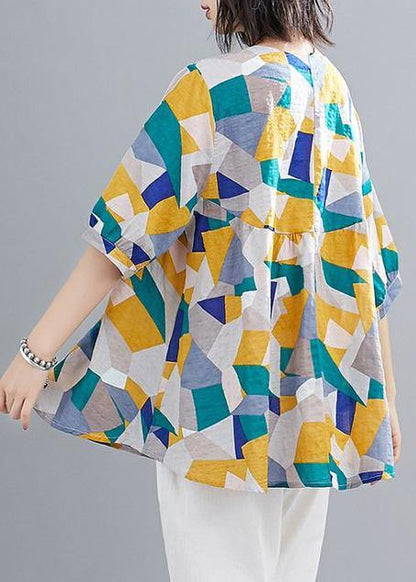 Simple Green Print Linen Clothes for Shape O Neck Lantern Sleeve Summer Top