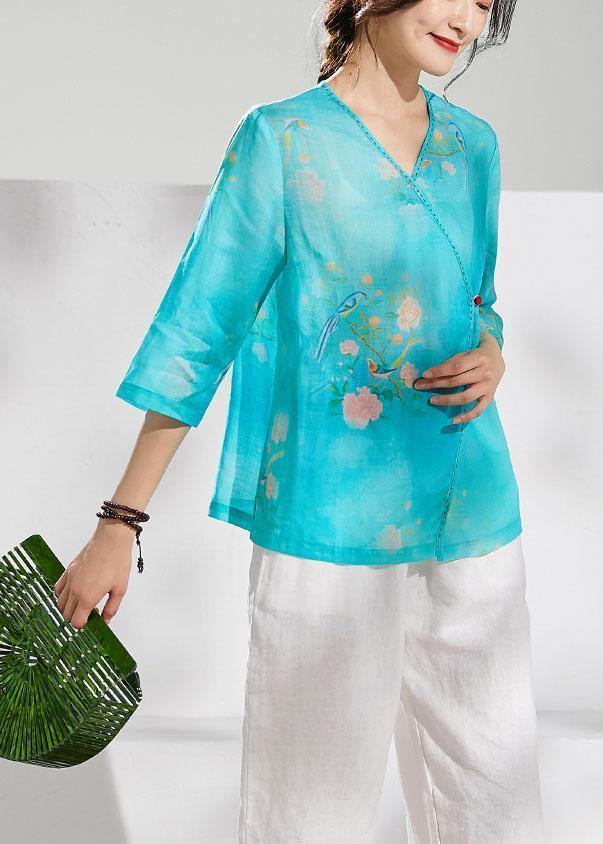 Simple Green Print Linen Clothes V Neck Summer Blouses
