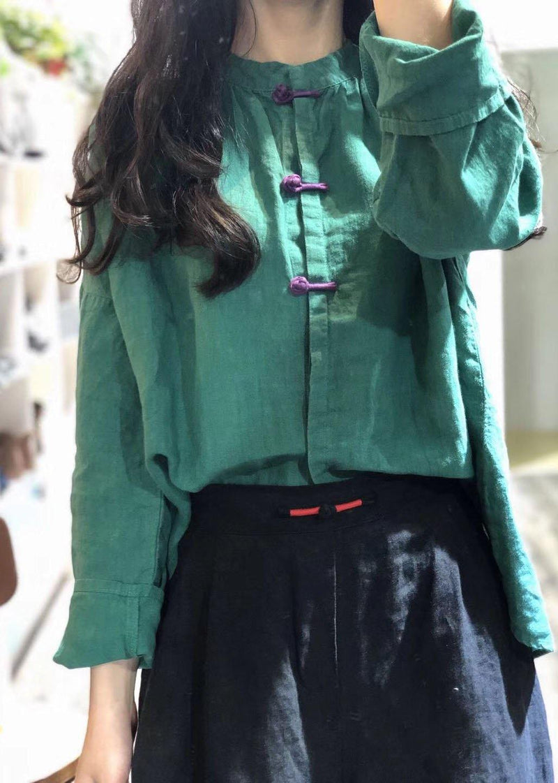 Simple Green Stand Collar Linen Blouses for Chinese Button Silhouette Fall Blouse
