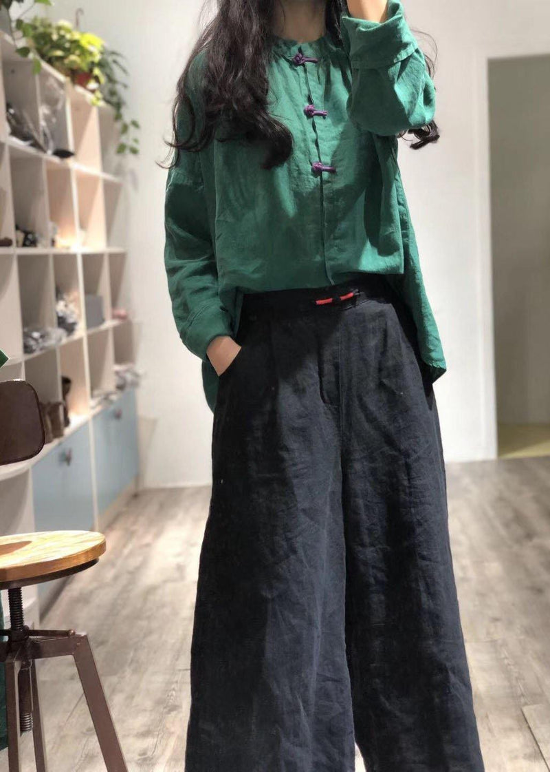 Simple Green Stand Collar Linen Blouses for Chinese Button Silhouette Fall Blouse