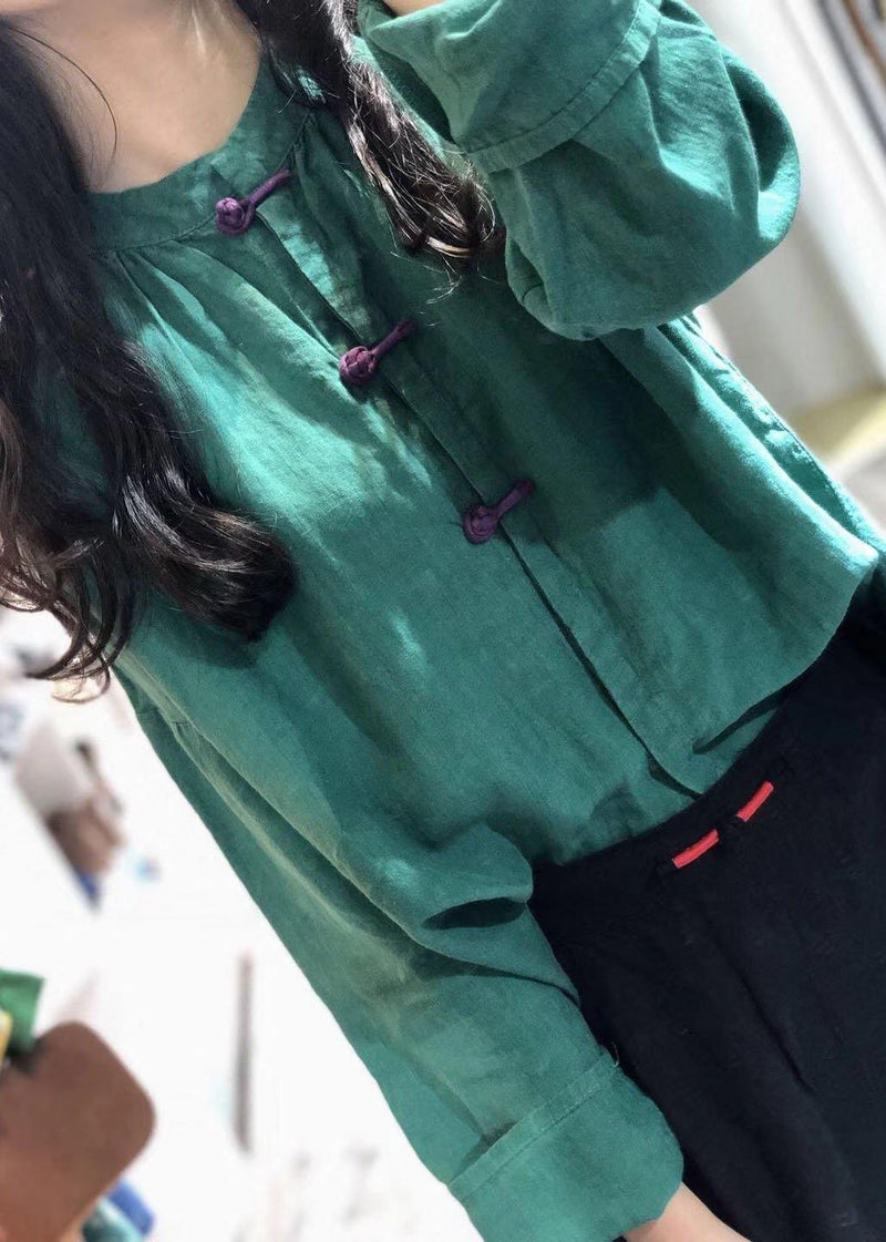 Simple Green Stand Collar Linen Blouses for Chinese Button Silhouette Fall Blouse