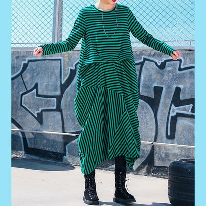 Simple Green Striped Cotton Tunics Korea Photography Asymmetric Maxi Dresses
