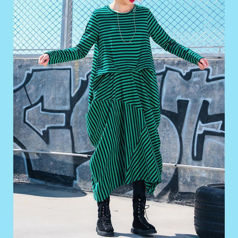 Simple Green Striped Cotton Tunics Korea Photography Asymmetric Maxi Dresses