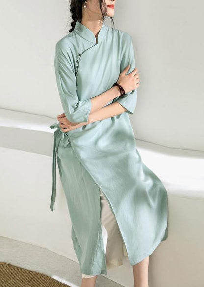 Simple Green Tunic Top Stand Collar Tie Waist Dress