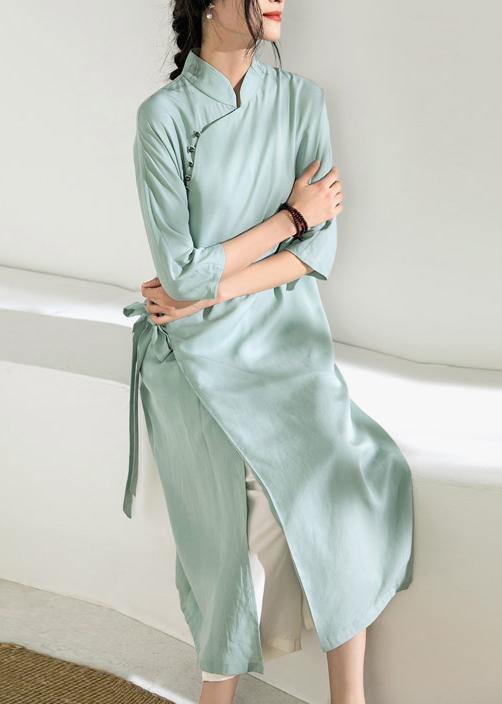 Simple Green Tunic Top Stand Collar Tie Waist Dress