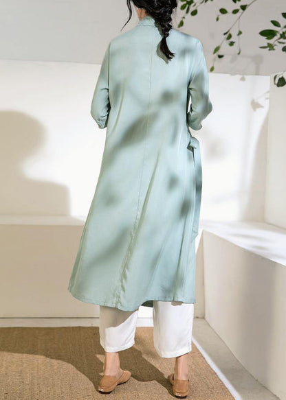 Simple Green Tunic Top Stand Collar Tie Waist Dress