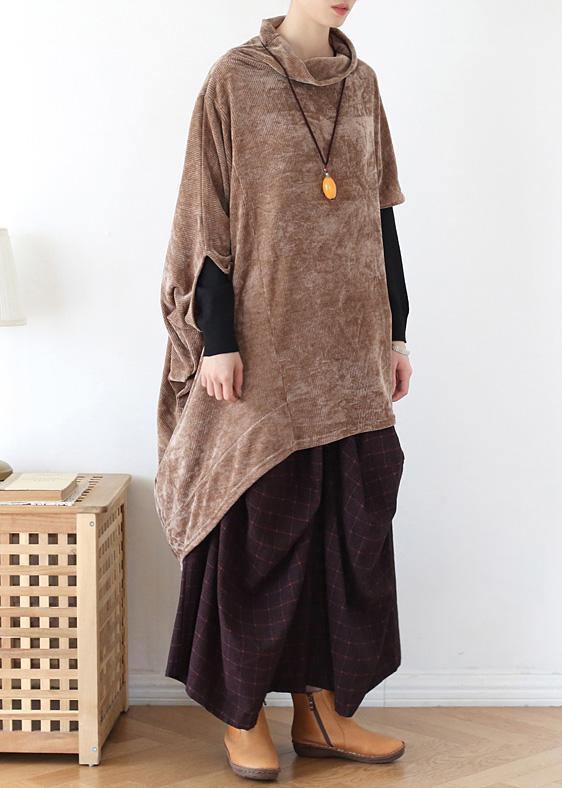 Simple High Neck Asymmetric Cotton Tops Khaki Tops