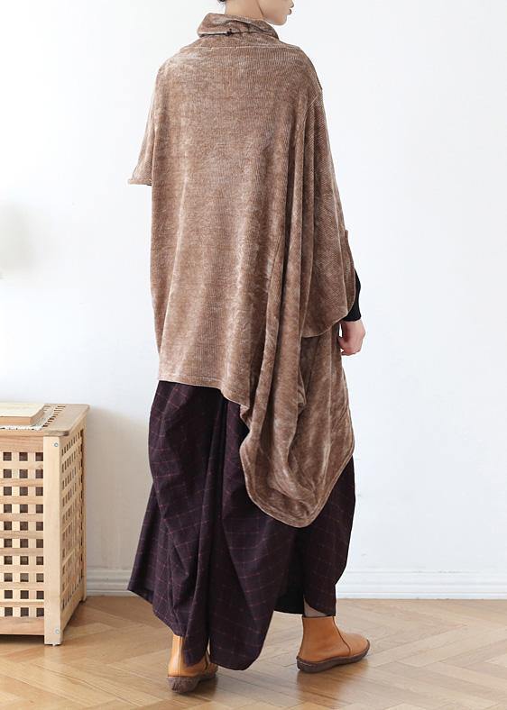 Simple High Neck Asymmetric Cotton Tops Khaki Tops