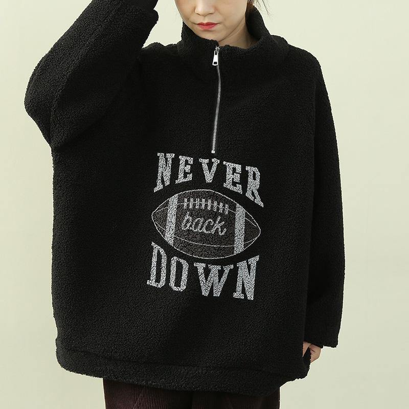Simple High Neck Zippered Clothes Black Letter Fuzzy Wool Top