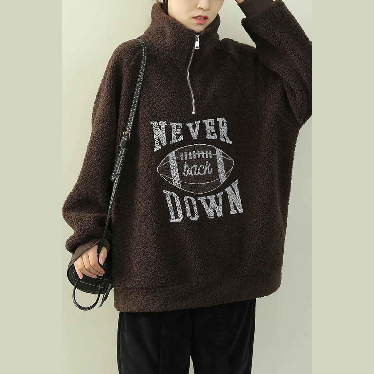Simple High Neck Zippered Clothes Black Letter Fuzzy Wool Top