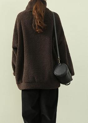Simple high neck zippered clothes black Letter fuzzy wool top