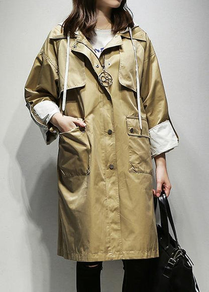 Simple Hooded Drawstring Fine Coats Khaki Cotton Coats