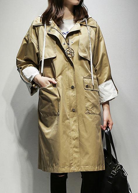 Simple Hooded Drawstring Fine Coats Khaki Cotton Coats