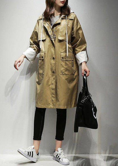 Simple Hooded Drawstring Fine Coats Khaki Cotton Coats