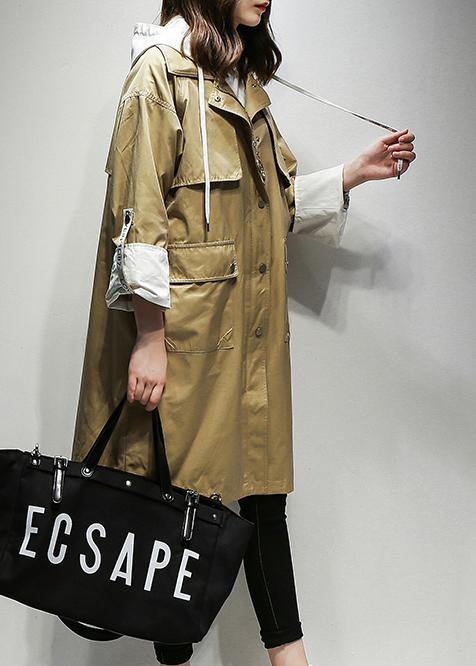 Simple Hooded Drawstring Fine Coats Khaki Cotton Coats