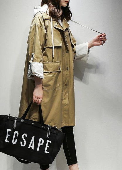 Simple Hooded Drawstring Fine Coats Khaki Cotton Coats