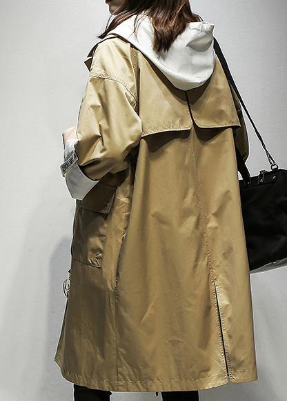 Simple Hooded Drawstring Fine Coats Khaki Cotton Coats