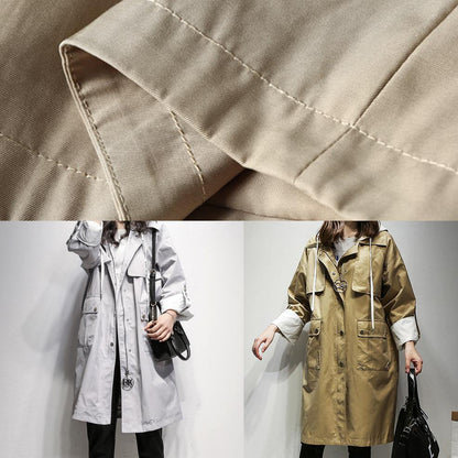 Simple Hooded Drawstring Fine Coats Khaki Cotton Coats