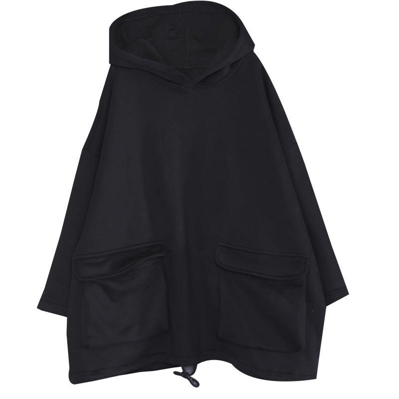 Simple Hooded Drawstring Spring Shirts Black Tops