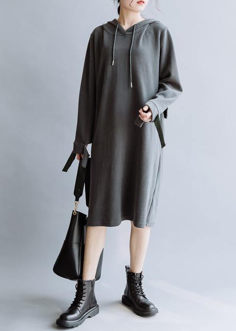 Simple Hooded Patchwork Fall Tunic Pattern Design Gray Art Dresses