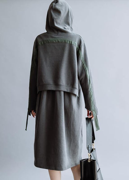 Simple Hooded Patchwork Fall Tunic Pattern Design Gray Art Dresses