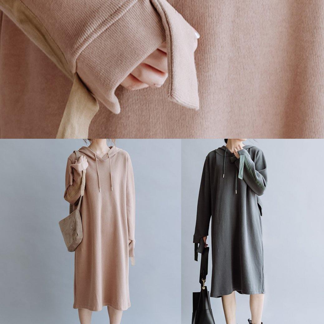 Simple Hooded Patchwork Fall Tunic Pattern Design Gray Art Dresses