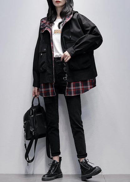 Simple Hooded Pockets Tunics for Black Patchwork Plaid Oversized Coat