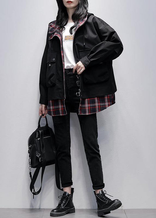 Simple Hooded Pockets Tunics for Black Patchwork Plaid Oversized Coat