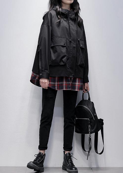 Simple Hooded Pockets Tunics for Black Patchwork Plaid Oversized Coat