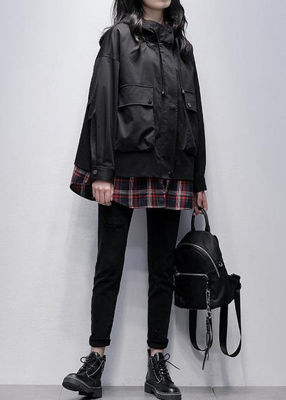Simple Hooded Pockets Tunics for Black Patchwork Plaid Oversized Coat