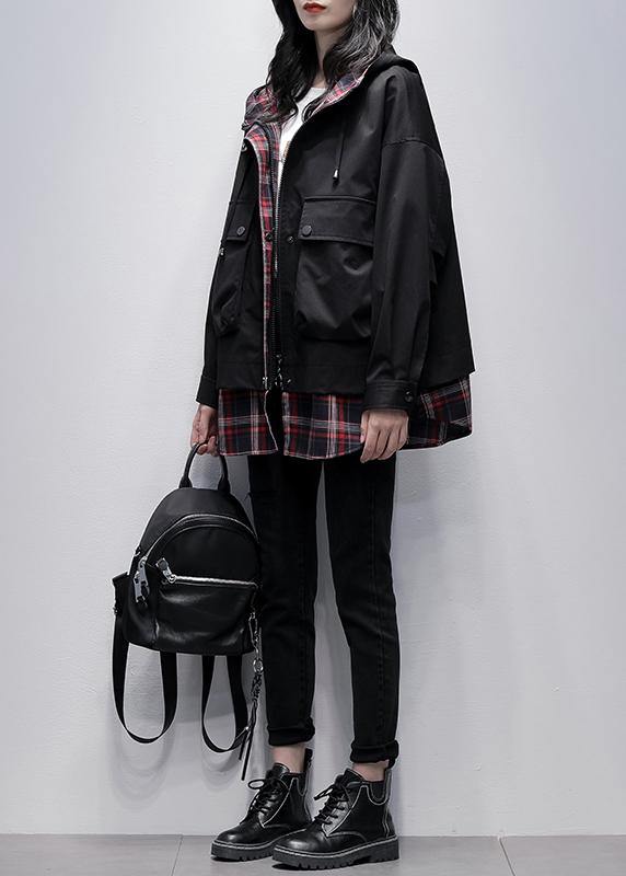 Simple Hooded Pockets Tunics for Black Patchwork Plaid Oversized Coat