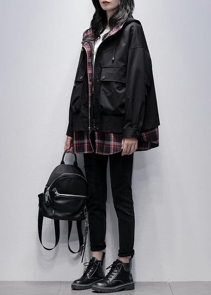 Simple Hooded Pockets Tunics for Black Patchwork Plaid Oversized Coat